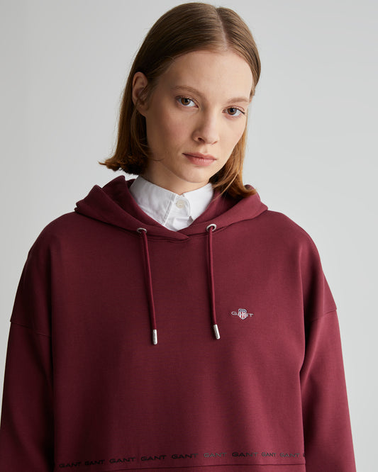 Bluza damska z nadrukiem z kapturem regular fit bordowa