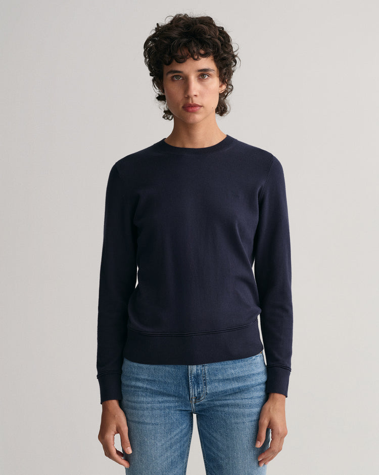 Bawełniany sweter damski z okrągłym kołnierzykiem regular fit granatowy