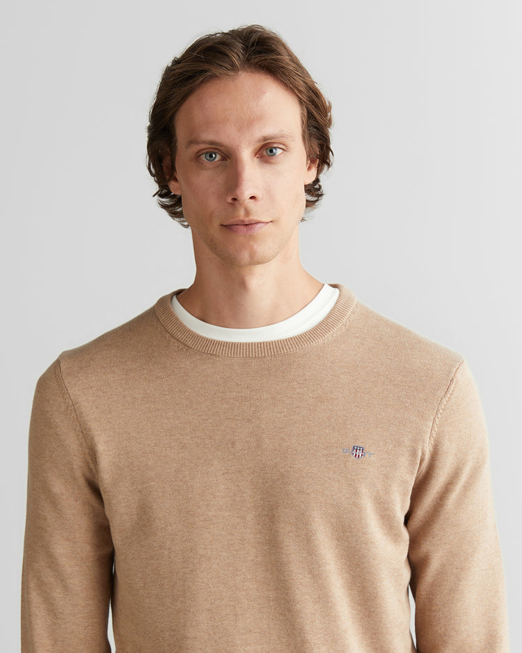 Sweter męski z okrągłym dekoltem regular fit beżowy