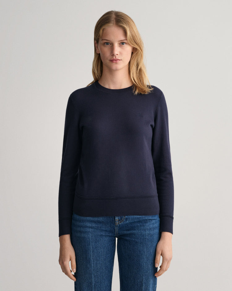 Bawełniany sweter damski z okrągłym kołnierzykiem regular fit granatowy