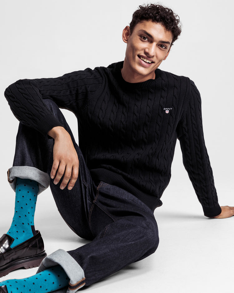 Męski sweter bawełniany z okrągłym dekoltem o splocie warkoczowym