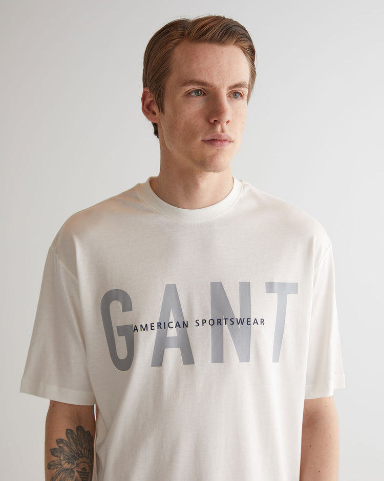 T-shirt męski z okrągłym kołnierzykiem i nadrukiem oversize fit kremowy