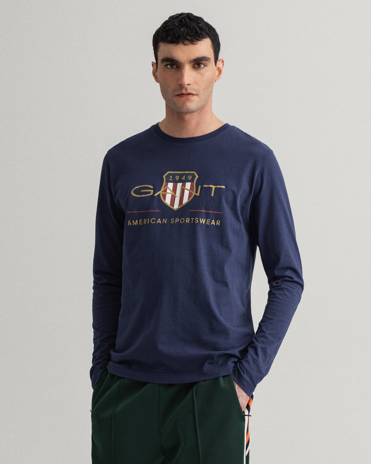 Bawełniana koszulka męska okrągły kołnierzyk z długim rękawem z nadrukiem regular fit