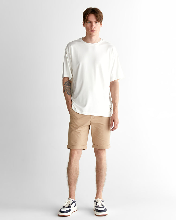 T-shirt męski z nadrukiem i okrągłym kołnierzykiem relaxed fit kremowy