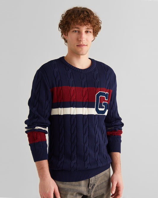 Bawełniany sweter męski w paski relaxed fit granatowy