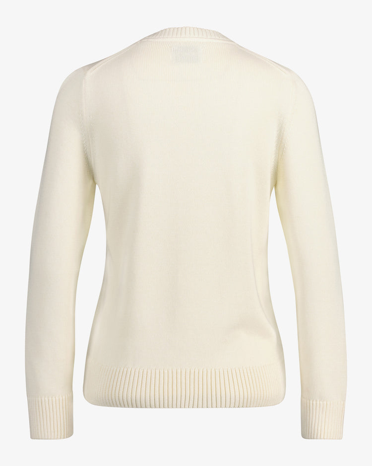 Sweter damski z nadrukiem okrągły kołnierzyk regular fit kremowy