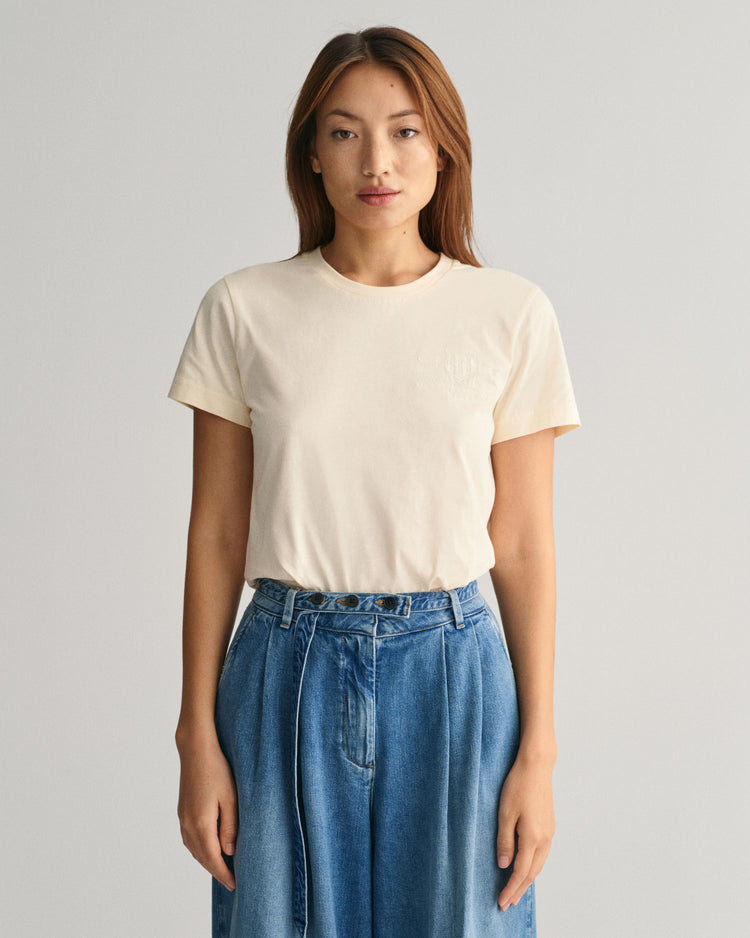 Koszulka damska z nadrukiem z okrągłym dekoltem regular fit beżowa