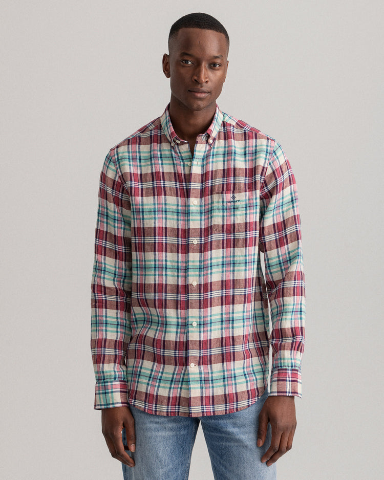 Męska różowa koszula lniana o regularnym kroju z kołnierzykiem button-down