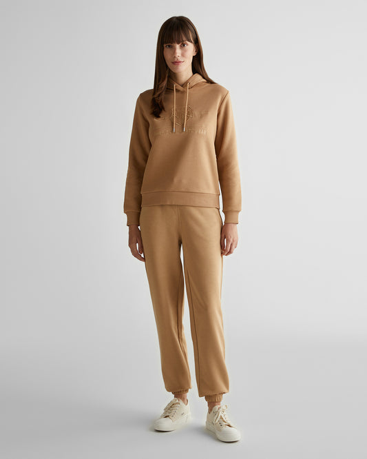 Bluza damska z nadrukiem z kapturem regular fit brązowa