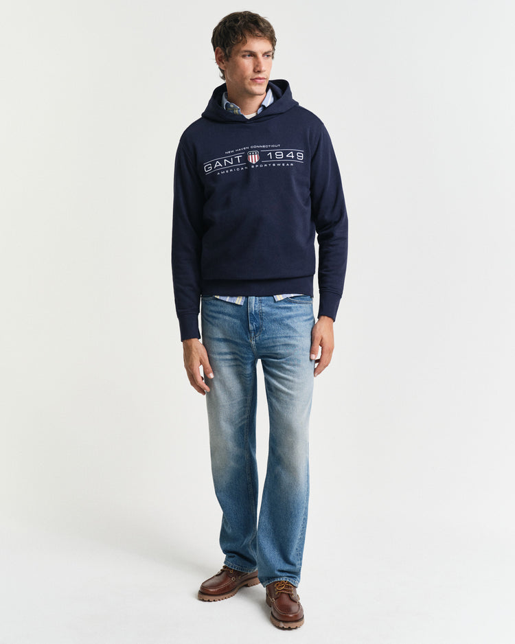 Bluza męska z nadrukiem z kapturem regular fit niebieska