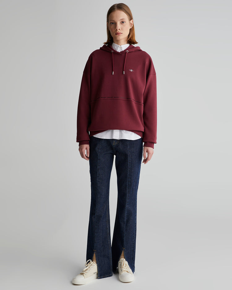 Bluza damska z nadrukiem z kapturem regular fit bordowa