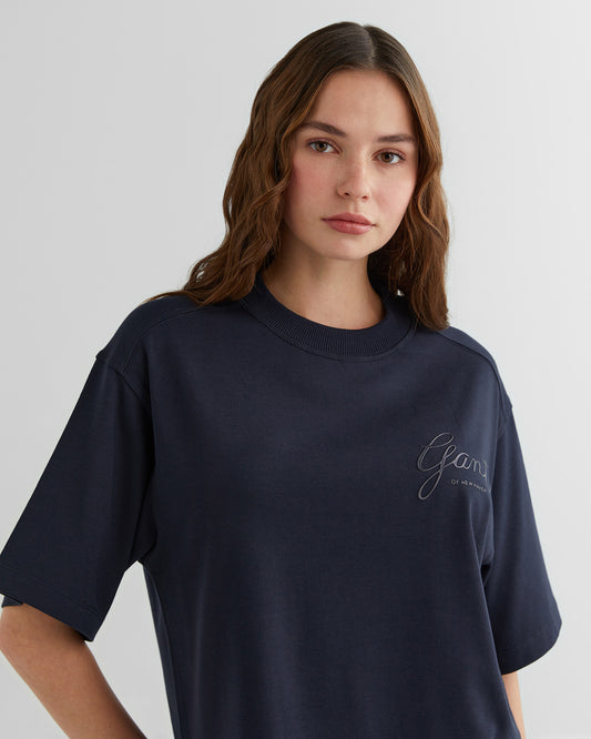 Damska granatowa koszulka relaxed fit z okrągłym dekoltem