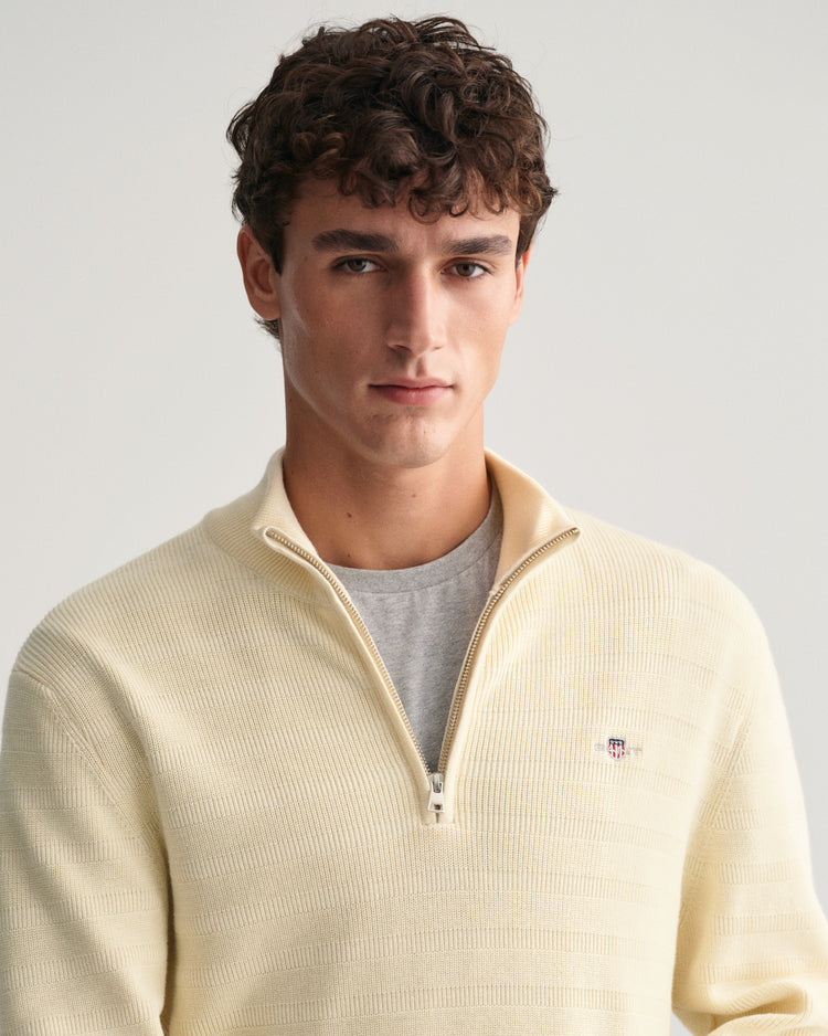 Sweter w paski z fakturowanej bawełny rozpinany do połowy