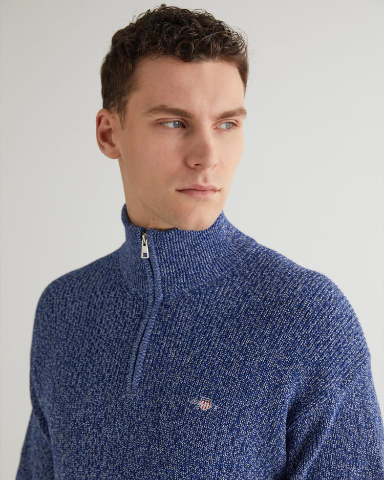 Bawełniany sweter męski z nadrukiem z zamkiem do połowy relaxed fit