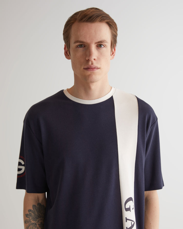 T-shirt męski z nadrukiem okrągły kołnierzyk oversize fit granatowy