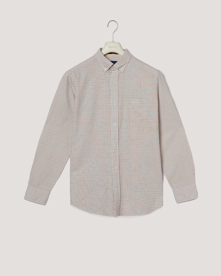 Męska kremowa koszula regular fit w kratę z kołnierzykiem na guziki