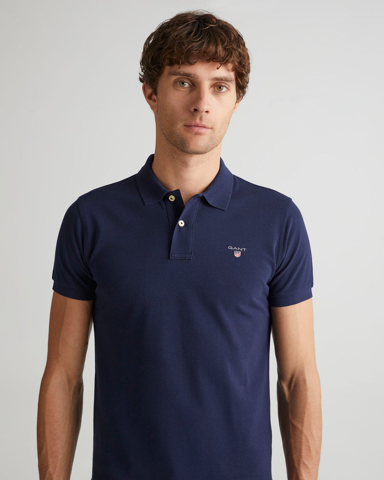 Bawełniana polo męska z krótkim rękawem slim fit granatowa