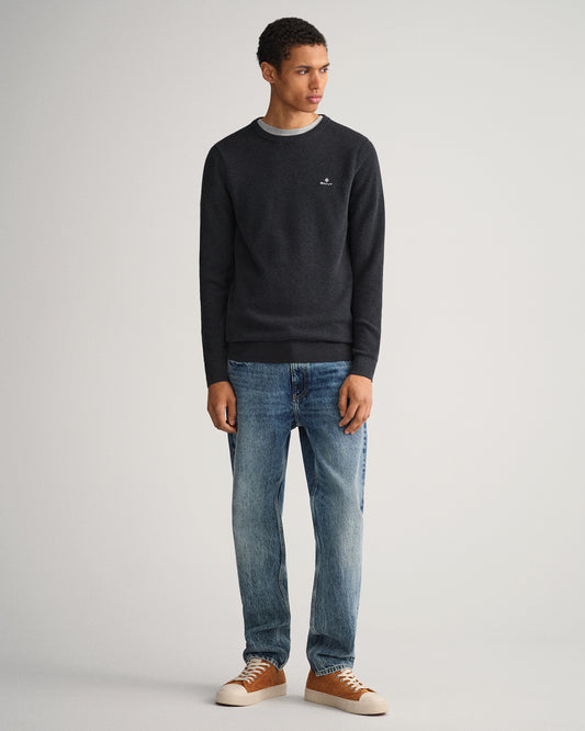 Bawełniany sweter męski okrągły kołnierzyk regular fit szary