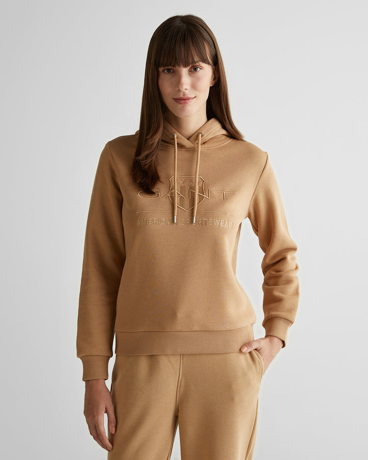 Bluza damska z nadrukiem z kapturem regular fit brązowa