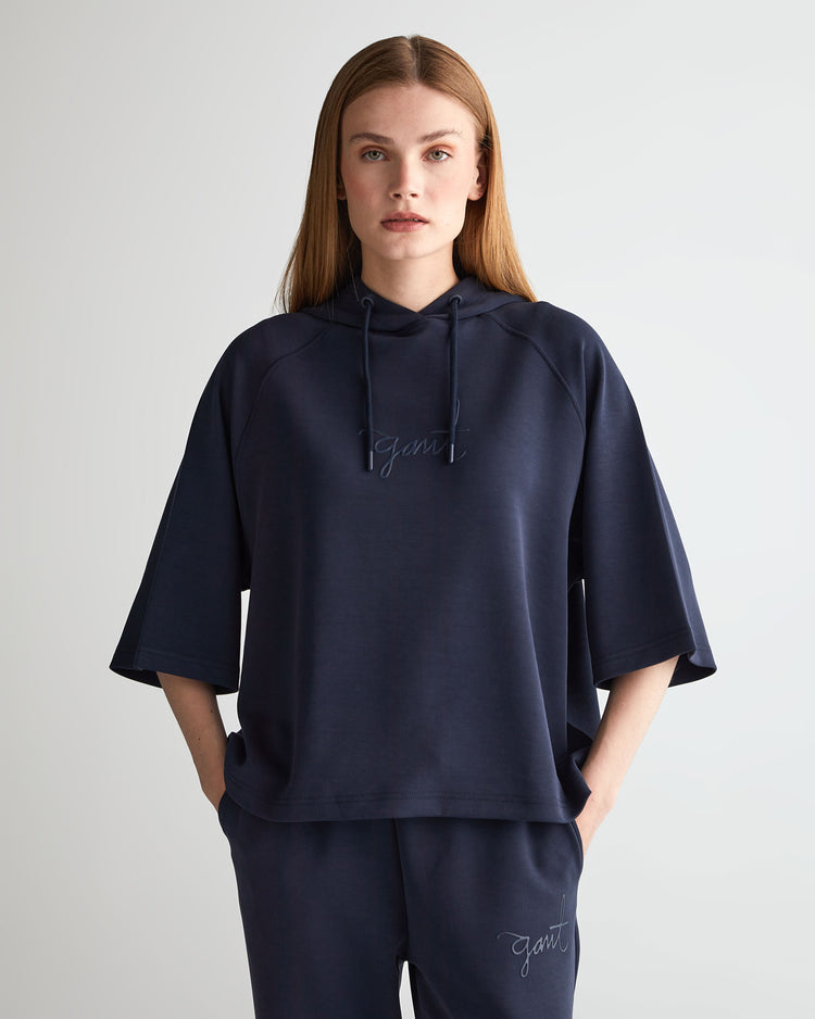 Bluza damska z kapturem z nadrukiem oversize fit granatowa