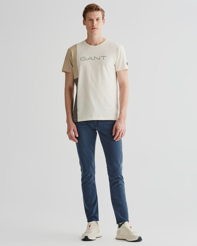 Bawełniany t-shirt męski z nadrukiem regular fit beżowy