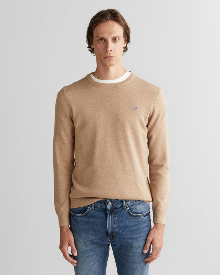 Sweter męski z okrągłym dekoltem regular fit beżowy