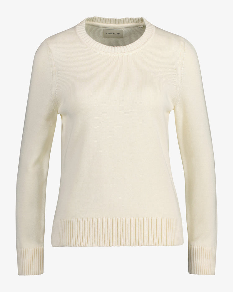 Sweter damski z nadrukiem okrągły kołnierzyk regular fit kremowy