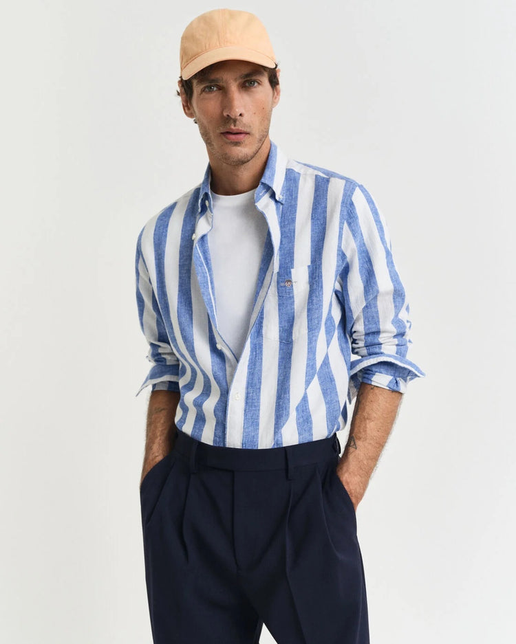 Lniana koszula męska w niebieskie paski regular fit