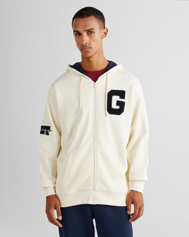 Bawełniana bluza męska z zamkiem z nadrukiem relaxed fit kremowa