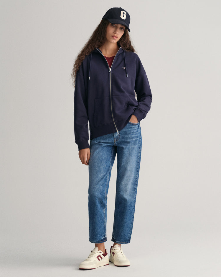 Bluza damska z nadrukiem z zamkiem relaxed fit granatowa