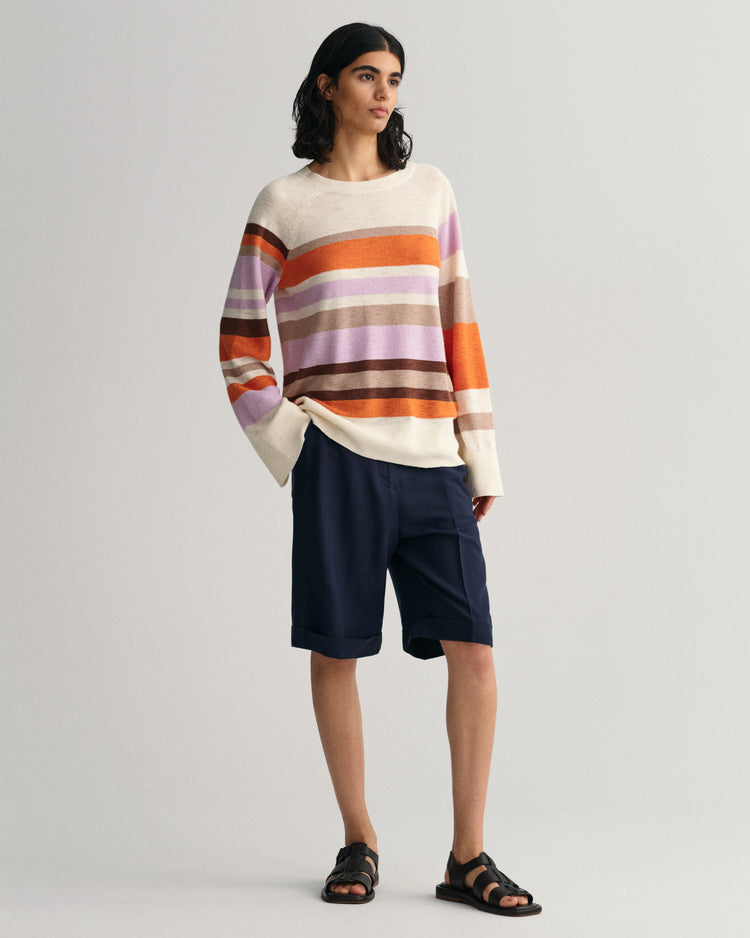 Sweter damski w paski z długim rękawem okrągły kołnierzyk relaxed fit