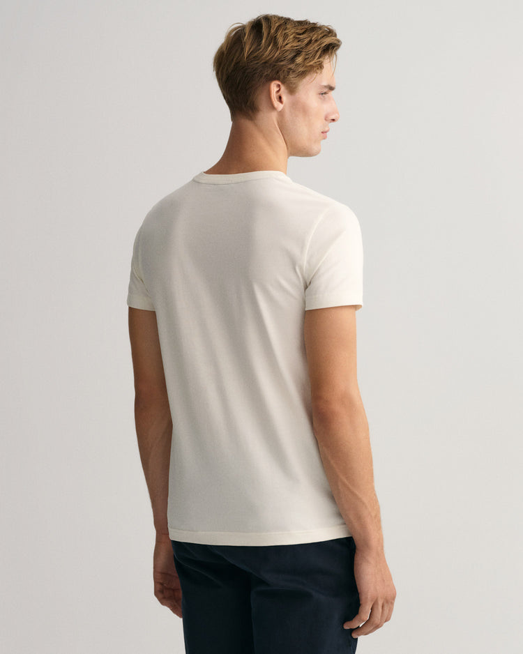 Bawełniany t-shirt męski z nadrukiem regular fit kremowy