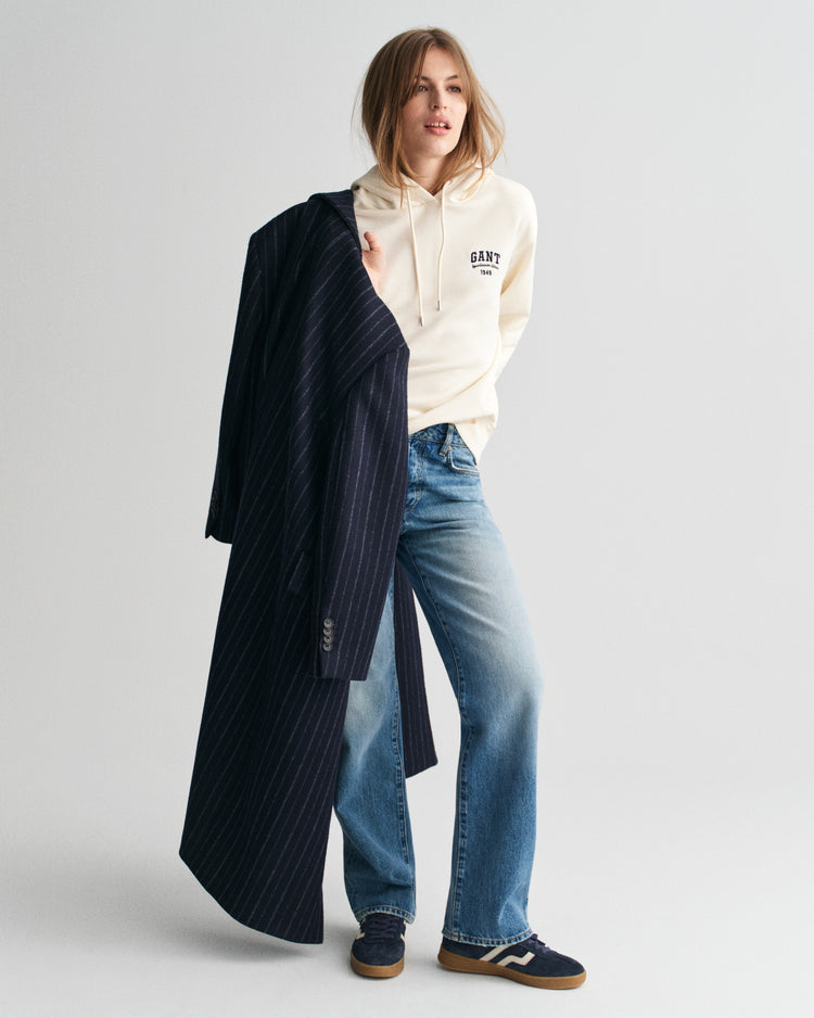 Bluza damska z nadrukiem z kapturem relaxed fit kremowa