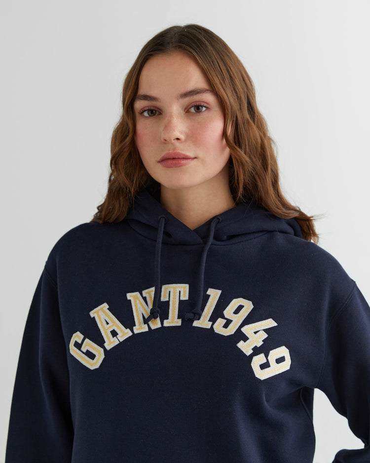 Bawełniana bluza damska z nadrukiem z kapturem loose fit granatowa