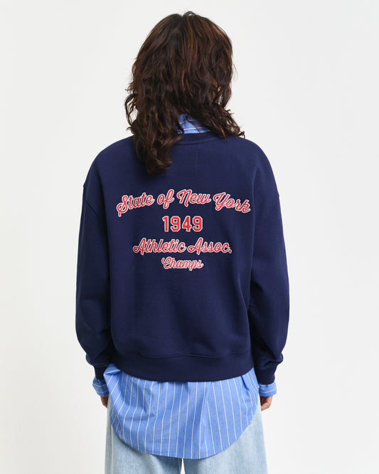 Damska granatowa bluza z graficznym napisem i okrągłym dekoltem