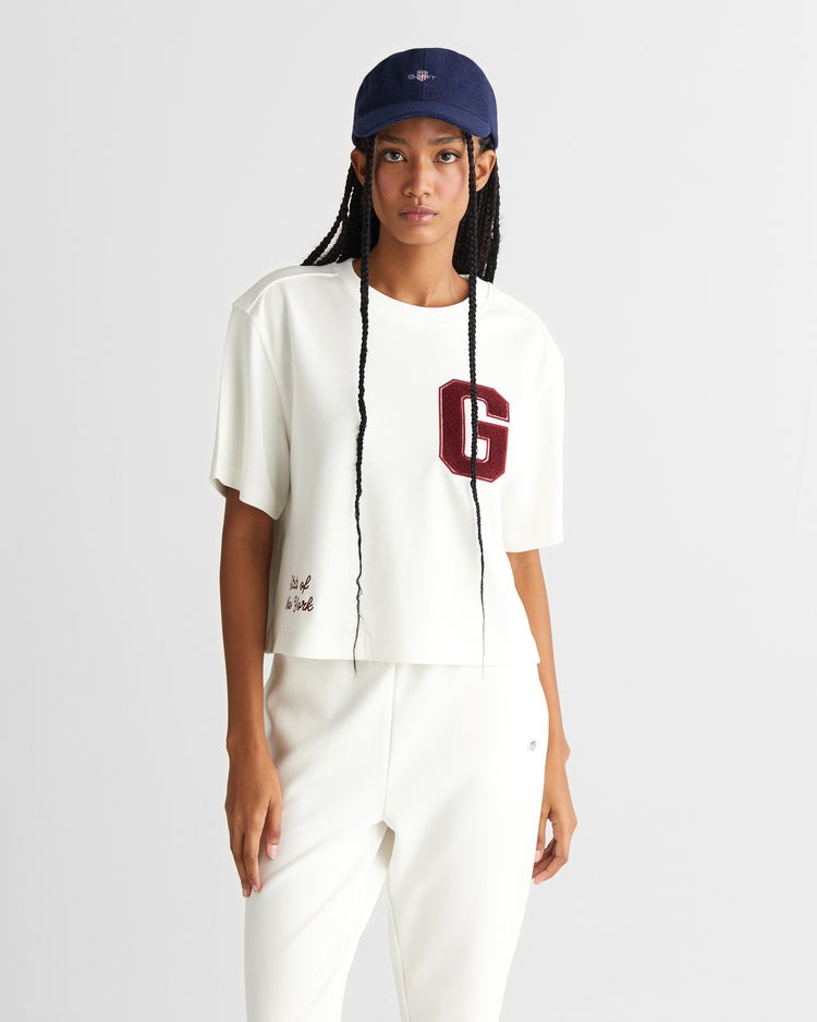 T-shirt z motywem college i okrągłym dekoltem