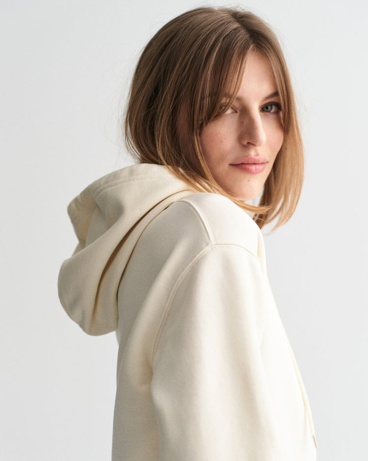 Bluza damska z nadrukiem z kapturem relaxed fit kremowa