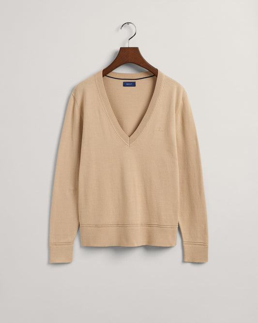 Bawełniany sweter damski z dekoltem V regular fit beżowy