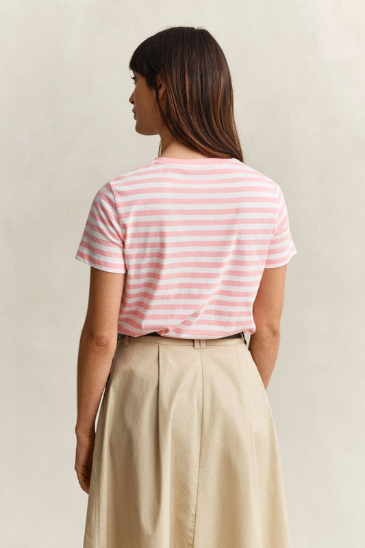 Bawełniana koszulka damska w paski z okrągłym kołnierzykiem regular fit