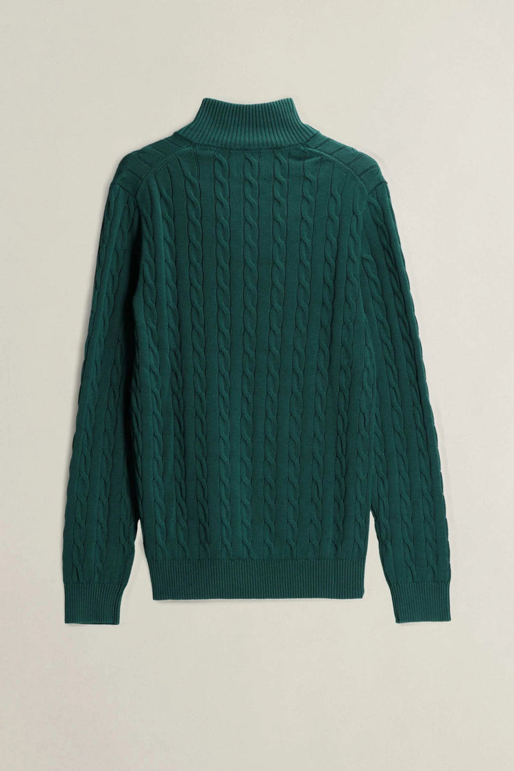 Bawełniany sweter męski w warkocze half zip zielony