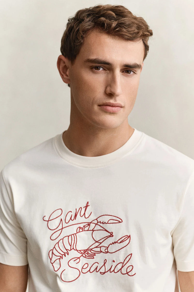 Bawełniany t-shirt męski z nadrukiem regular fit kremowy