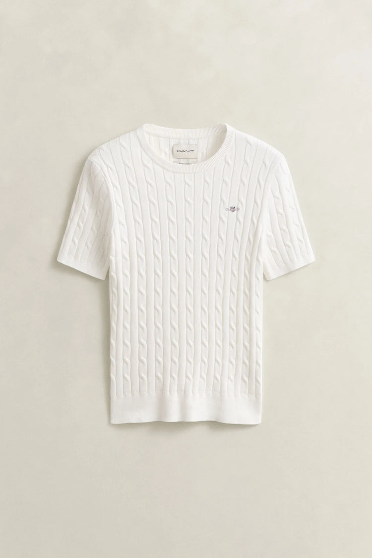 Sweter damski z okrągłym kołnierzykiem i krótkim rękawem slim fit biały