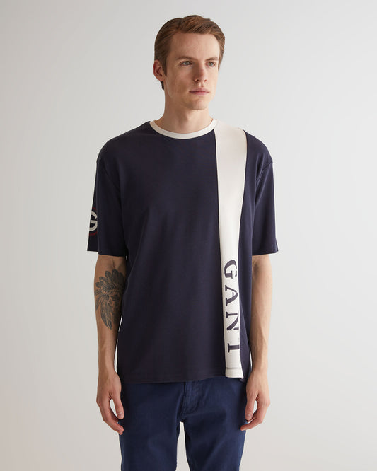 T-shirt męski z nadrukiem okrągły kołnierzyk oversize fit granatowy