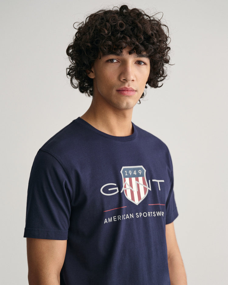 Bawełniany t-shirt męski z nadrukiem regular fit granatowy