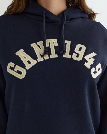 Bawełniana bluza damska z nadrukiem z kapturem loose fit granatowa