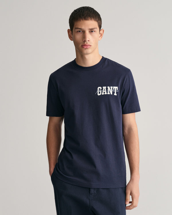 Bawełniany t-shirt męski z nadrukiem regular fit granatowy