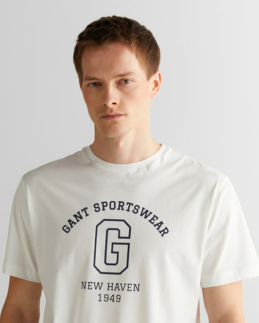 T-shirt męski z nadrukiem regular fit kremowy