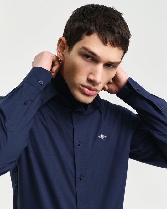 Bawełniana koszula męska z długim rękawem slim fit granatowa