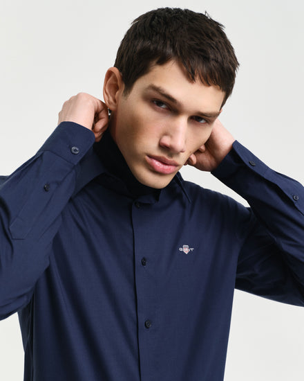 Bawełniana koszula męska z długim rękawem slim fit granatowa