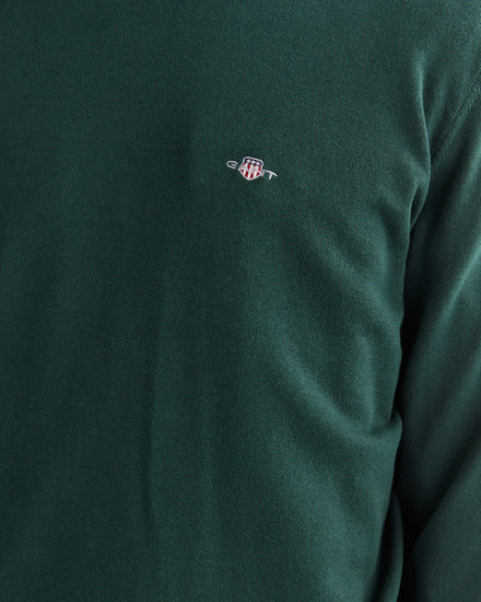 Bawełniany sweter męski z okrągłym kołnierzykiem regular fit zielony